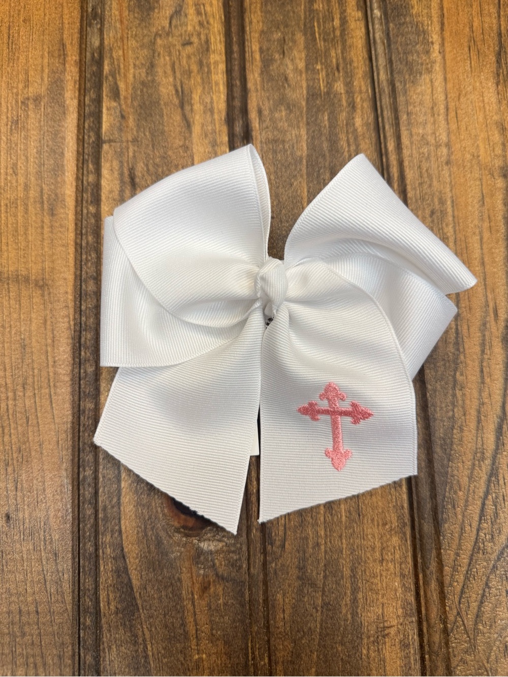 White Girls Grosgrain Hair Bow with Pink Cross Embroidery